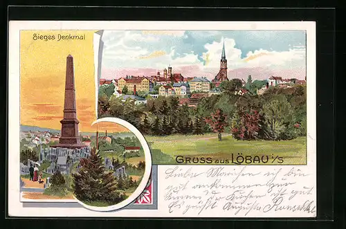Lithographie Löbau i. Sa., Sieges-Denkmal, Teilansicht der Stadt