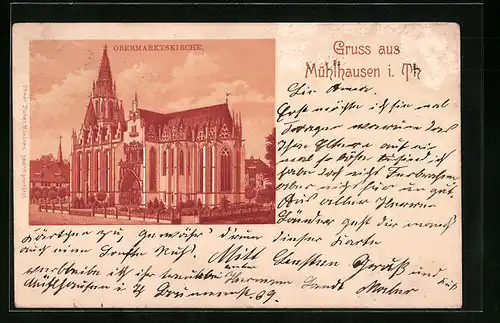 Lithographie Mühlhausen i. Th., Totalansicht der Obermarktskirche