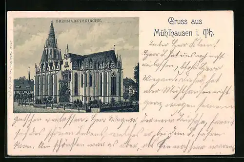 Lithographie Mühlhausen i. Th., Totale von der Obermarktskirche