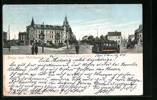 AK Mühlhausen i /Thür., Blick vom Bahnhof nach der Stadt mit Strassenbahn