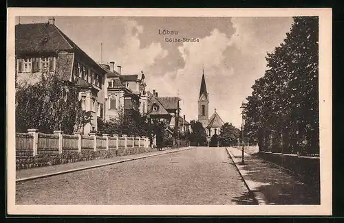 AK Löbau, Goethestrasse mit Kirche