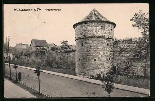 AK Mühlhausen i. Th., Kreuzgraben mit Stadtmauer