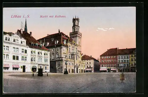 AK Löbau i. S., Markt mit Rathaus, Hotel & Restaurant Goldenes Schiff