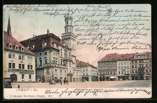 AK Löbau i. Sa., Marktplatz mit Rathaus, Hotel und Restaurant zum goldnen Schiff