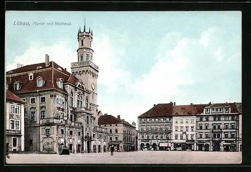 AK Löbau, Markt mit Rathaus