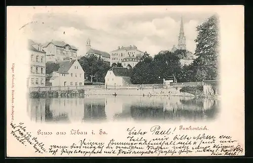 AK Löbau i. Sa., Funkenteich mit Teilansicht der Stadt