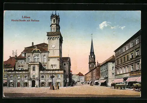 AK Löbau, Nicolai-Strasse mit Rathaus, Franzkes Kaffee-Geschäft