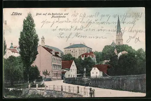 AK Löbau, Blick auf die Realschule und Nicolaikirche