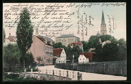 AK Löbau, Blick auf die Realschule und Nicolaikirche