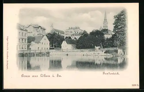 AK Löbau i. Sa., Funkenteich mit Kirchen im Hintergrund