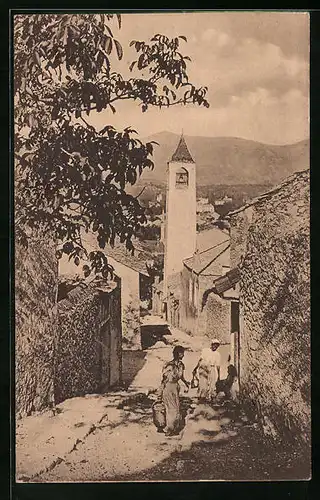 AK Mostar, Strassenpartie mit Glockenturm