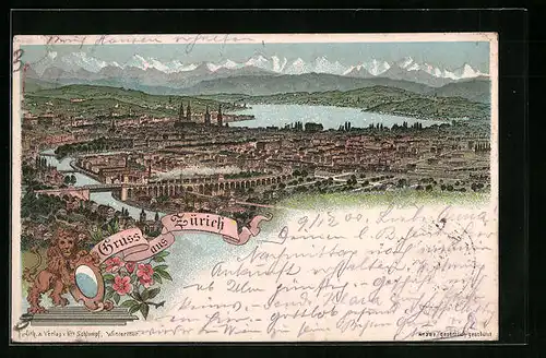 Lithographie Zürich, Totalansicht mit Fernsicht