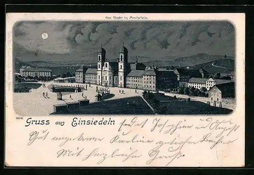 Mondschein-Lithographie Einsiedeln, Kloster bei Nacht