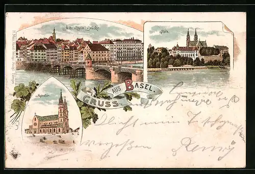 Lithographie Basel, Alte Rhein-Brücke, Pfalz, Münster