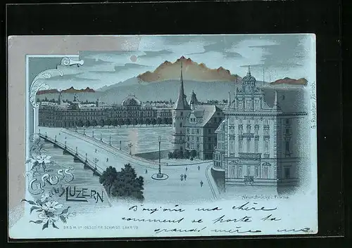 Mondschein-Lithographie Luzern, Neue Brücke u. Pilatus