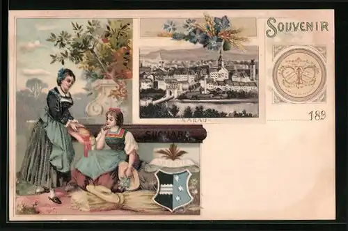Lithographie Aarau, Teilansicht der Stadt, Reklame für Suchard