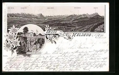 Lithographie Meldegg, Gasthaus Meldegg, Panorama mit Scesaplana und Säntis