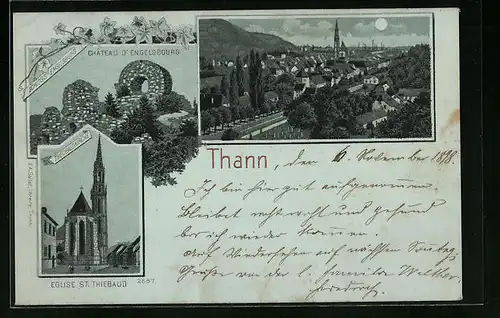 Mondschein-AK Thann, Teilansicht, Schloss Engelsburg, St. Theobaldkirche