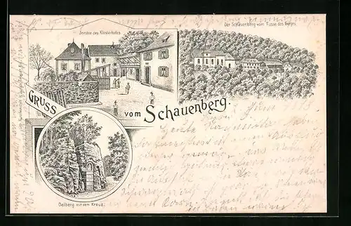 Lithographie Schauenberg, Der Schauenberg vom Fusse des Berges, Innere des Klosterhofes, Oelberg mit dem Kreuz