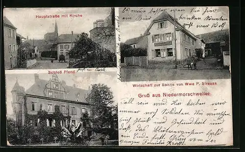 AK Niedermorschweiler, Gasthaus Zur Sonne, Schloss Pfend, Hauptstrasse mit Kirche