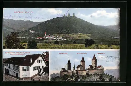 AK Häusern /Ob.-Els, Gasthaus zu den 3 Schlössern, Drei Exen: Weckmund, Wahlenburg & Dagsburg, Teilansicht