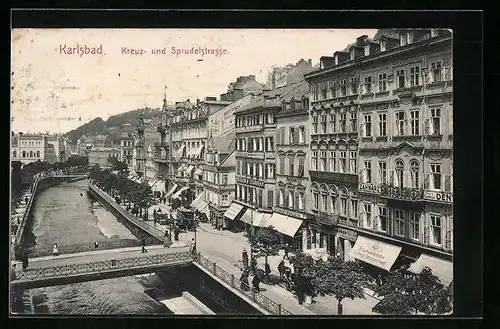 AK Karlsbad, Kreuz- und Sprudelstrasse