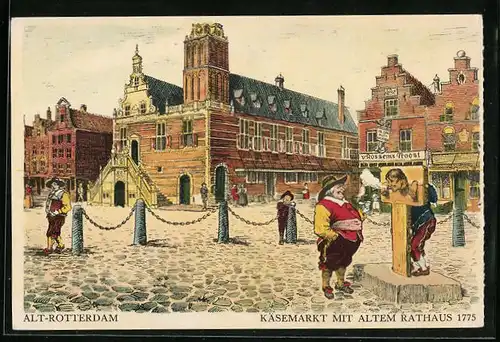 Künstler-AK Rotterdam, Käsemarkt mit altem Rathaus 1775, Pranger