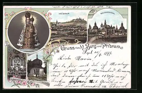 Lithographie Pribram, Wallfahrtskirche, Brunnen, Hauptaltar und Madonna