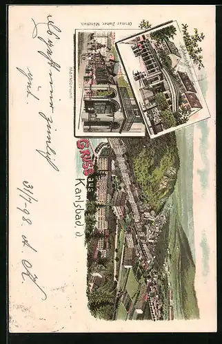 Lithographie Karlsbad, Marktbrunn, Schlossbrunn und Total