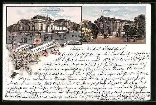 Lithographie Franzensbad, Stadt Egerer Badehaus, Theater