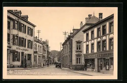 AK Neufchateau, La Rue de Longlier et l`Hotel des Ardennes