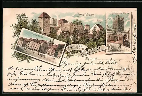 Lithographie Eger, Alte Burg, Marktplatz und schwarzer Turm