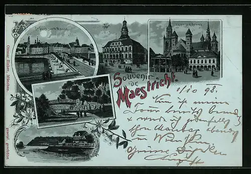 Mondschein-Lithographie Masstricht, Le pont sur la Meuse, La place d`Armes, Panorama