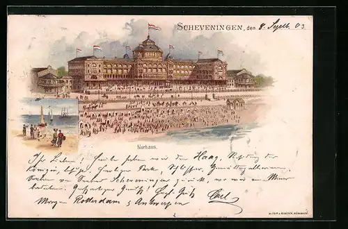 Lithographie Scheveningen, Kurhaus mit Strand