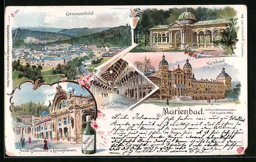 Lithographie Marienbad, Neubad, Neue Colonnade und Kreuzbrunnen