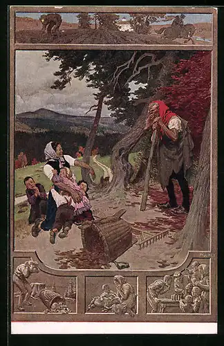 Künstler-AK Paul Hey: Rübezahl erschreckt eine Mutter mit ihren Kindern