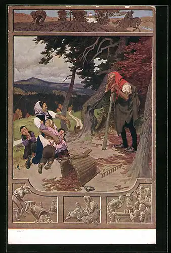 Künstler-AK Paul Hey: Mutter mit Kindern erschrickt vor Rübezahl