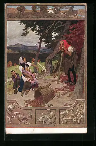 Künstler-AK Paul Hey: Mutter und drei Kinder begegnen Rübezahl