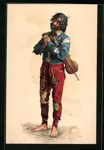 Künstler-AK Bittender Zigeuner mit Geige unter dem Arm