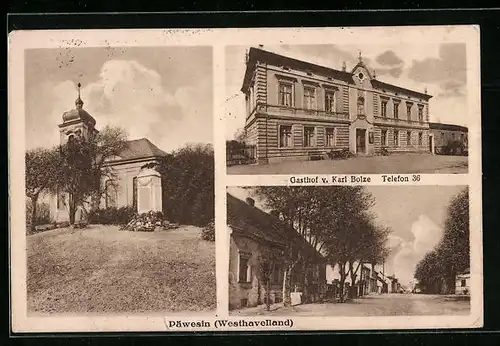 AK Päwesin, Gasthof von Karl Bolze, Kirche und Kriegerdenkmal