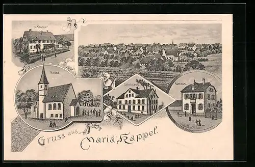Künstler-AK Mariä Kappel, Kramer, Schulhaus, Kirche, Rathaus