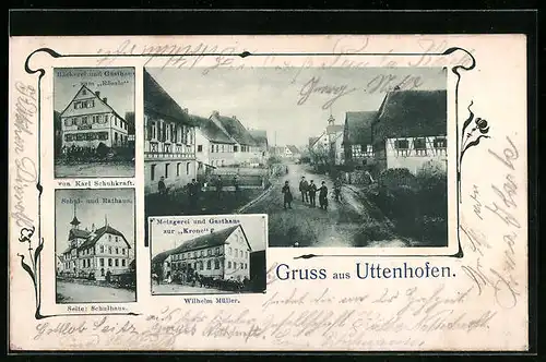 AK Uttenhofen, Gasthaus zum Rössle und zur Krone, Schul- und Rathaus