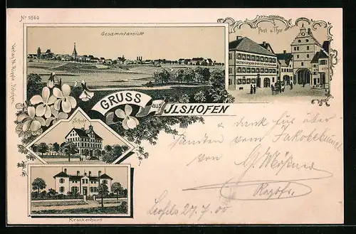 Lithographie Ilshofen, Krankenhaus, Post u. Tor, Panorama