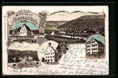 Lithographie Niedernhall, Fabrik v. Schaufler u. Wundt, Götzenhaus, Post