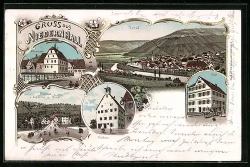 Lithographie Niedernhall, Fabrik v. Schaufler u. Wundt, Götzenhaus, Post