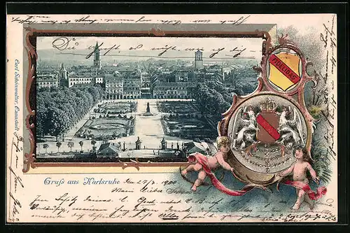 Passepartout-Lithographie Karlsruhe, Ortspartie aus der Vogelschau, Wappen