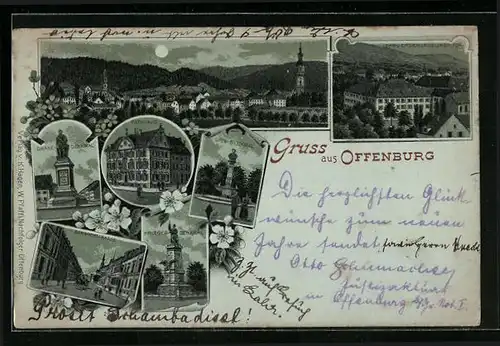 Mondschein-Lithographie Offenburg, Lehr- und Erziehungsinstitut, Rathaus, Drake-Denkmal, Kriegerdenkmal
