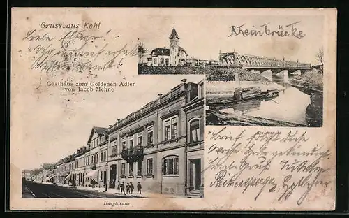AK Kehl, Gasthaus zum Goldenen Adler von Jacob Mehne, Hauptstrasse, Rheinbrücke