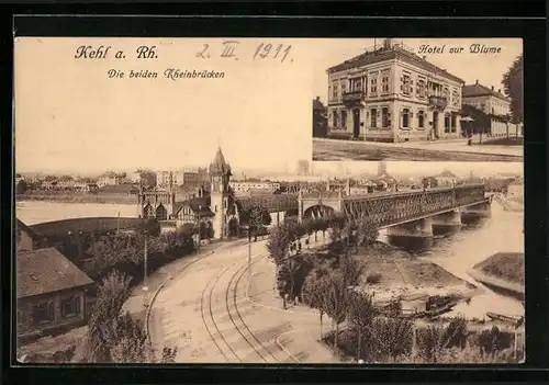 AK Kehl /Rhein, Hotel zur Blume, Rheinbrücken aus der Vogelschau