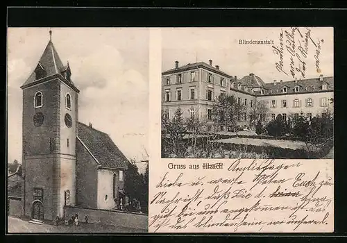AK Illzach, Kirche von der Strasse gesehen, Blindenanstalt